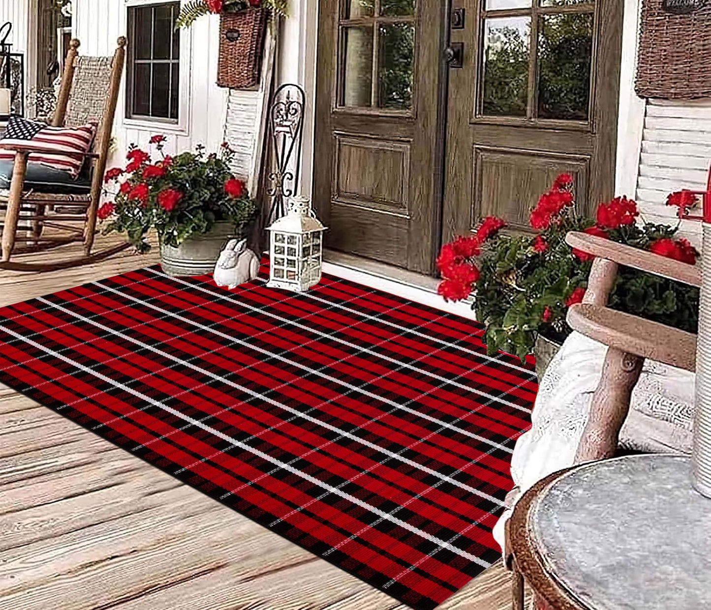 Christmas Checkered Outdoor Rugs 3' x 5'Red Black Buffalo Plaid Front Porch Rug Hand-Woven Machine Washable Indoor/Outdoor Layered Door Mats for Entryway/Bedroom/Outdoor