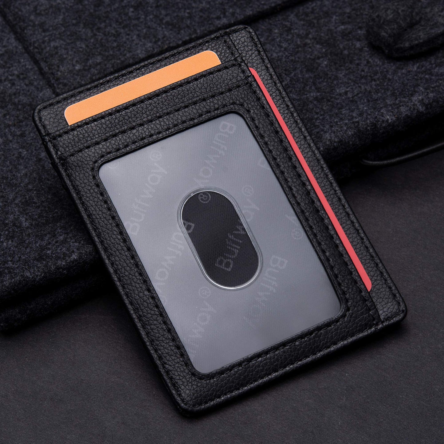 Buffway Slim Minimalist Front Pocket RFID Blocking Leather Wallets for Men and Women - Lichee Black