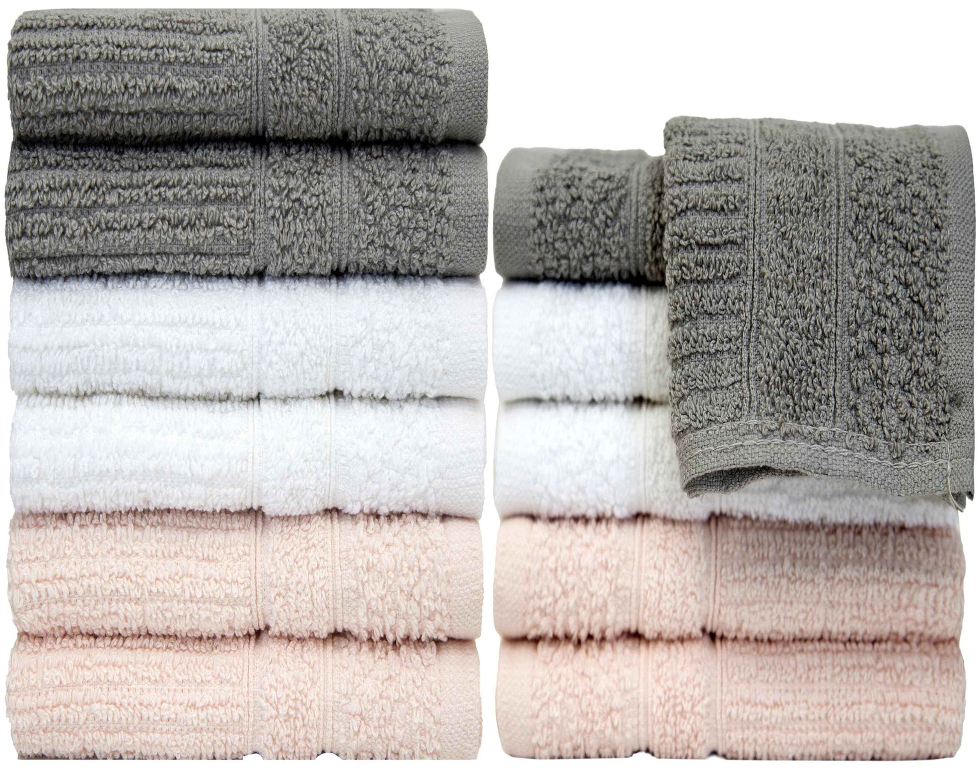 PH Pleasant Home Ribbed Wash Cloths Set - 12 Pack (12” x 12”) – 509 GSM - 100% Ring Spun Cotton Wash Cloth - Super Soft and Highly Absorbent Face Towels (Light Grey, White & Pink)