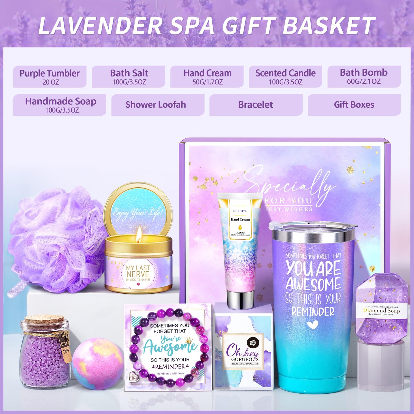 Gifts for Women, Birthday Gifts for Women Girlfriend, Sister, Wife, Teacher, 9pcs Lavender Care Package Gifts Set, Get Well Soon Gifts for Women, Birthday Gifts for Women Thinking of You Gift