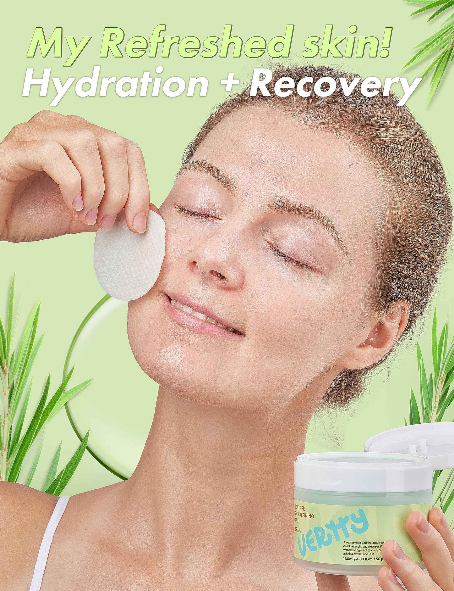 Vertty Tea Tree Cica Toner Pad | Exfoliating, Hydrating, Redness Relief Toner Pad for face | 100% Vegan Cotton Pad | Long-lasting Hydration | All Skin Types | Teens & Kids Skin Care (50 Count, 4.4oz)