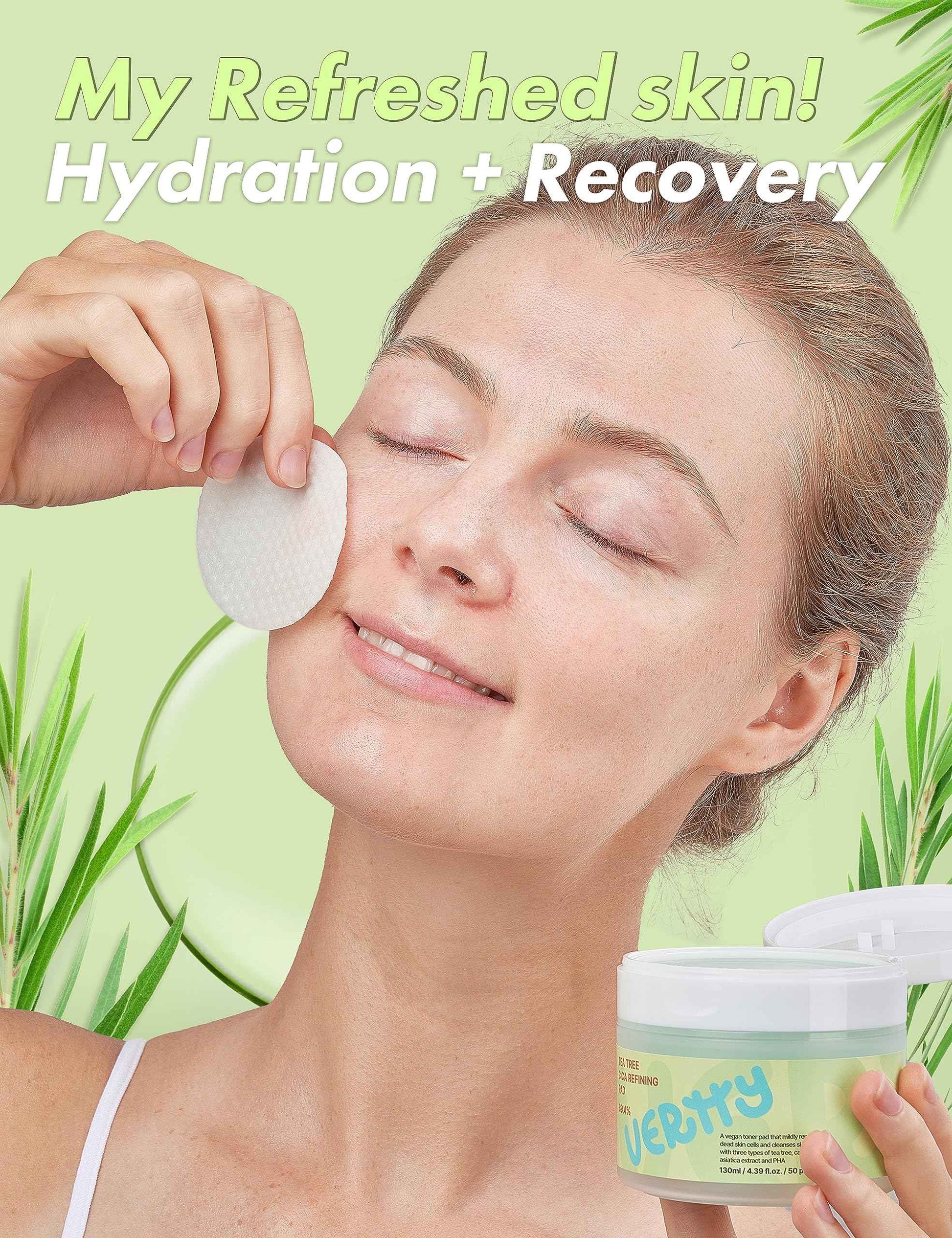 Vertty Tea Tree Cica Toner Pad | Exfoliating, Hydrating, Redness Relief Toner Pad for face | 100% Vegan Cotton Pad | Long-lasting Hydration | All Skin Types | Teens & Kids Skin Care (50 Count, 4.4oz)