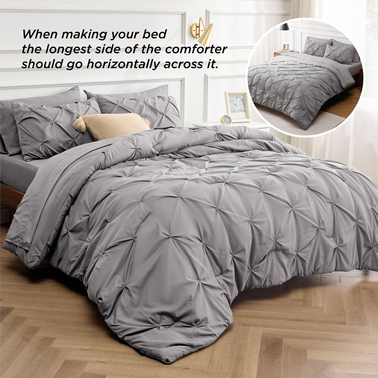 Bedsure California King Comforter Set - Cal King Bed Set 7 Pieces, Pinch Pleat Grey Cali King Bedding Set with Comforter, Sheets, Pillowcases & Shams