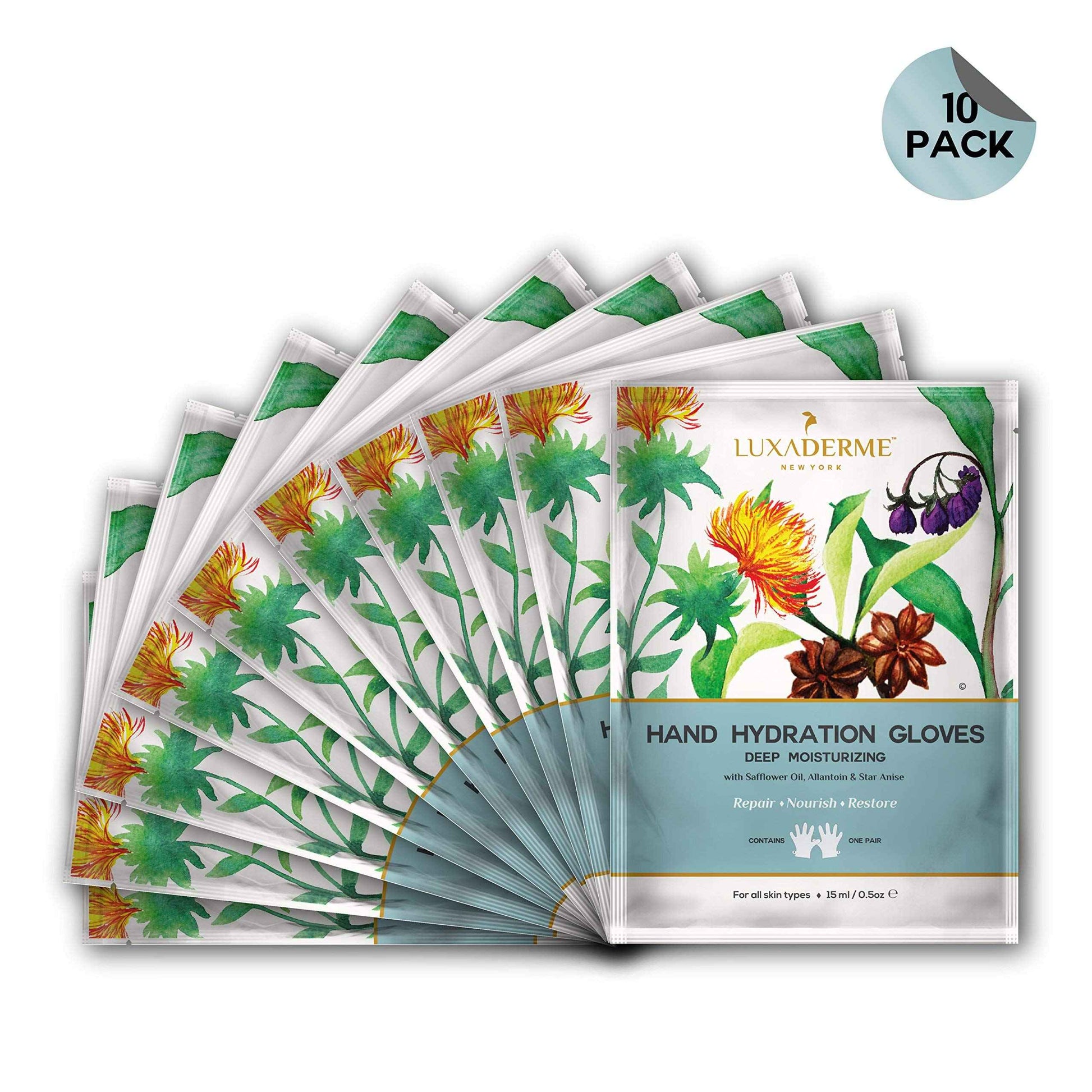 LuxaDerme Moisturizing Gloves for Dry Hands - 15ml Safflower & Shea Butter Hydrating Hand Mask - Rejuvenate Dull & Cracked Skin - Skincare Gift Set (Pack of 10)