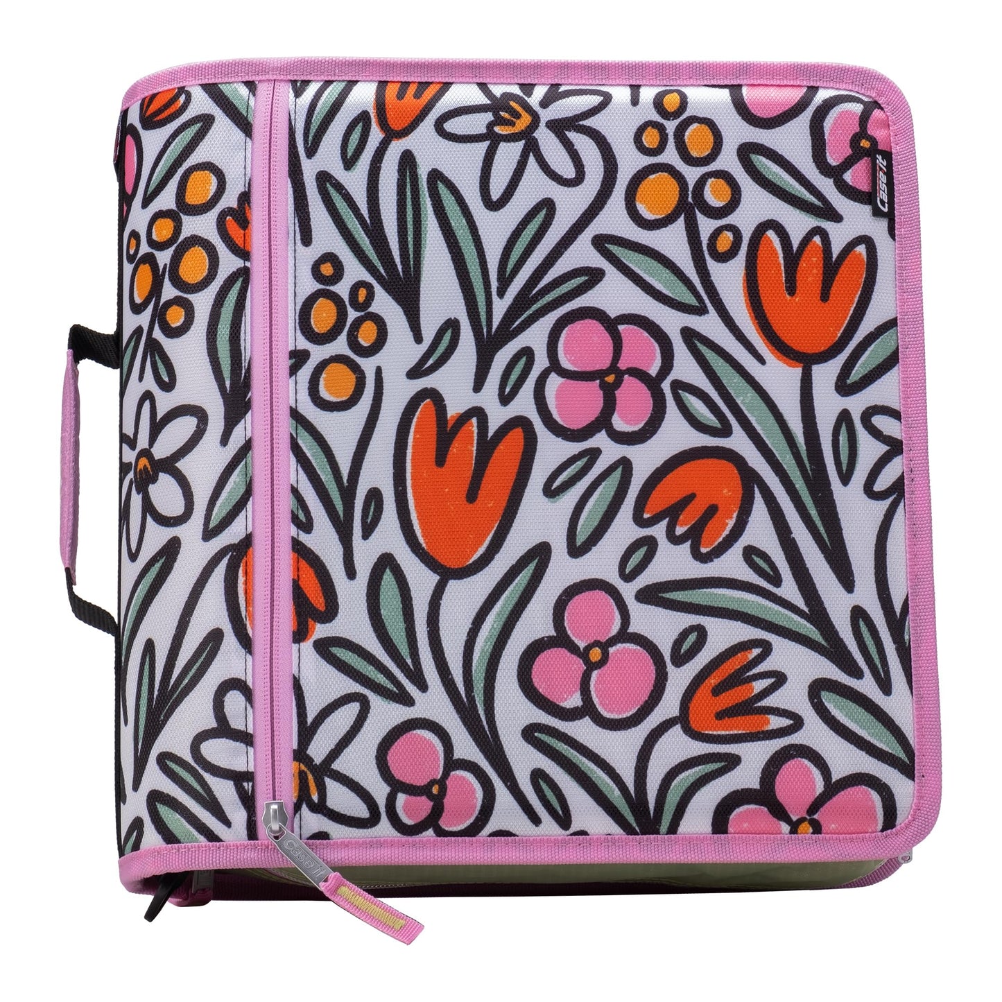 Case-it Mighty Zip Tab Zipper Binder, 3" O-Ring with 5-Color tabbes, Expanding File Folder and Shoulder Strap and Handle, D-146-FUN Flowers