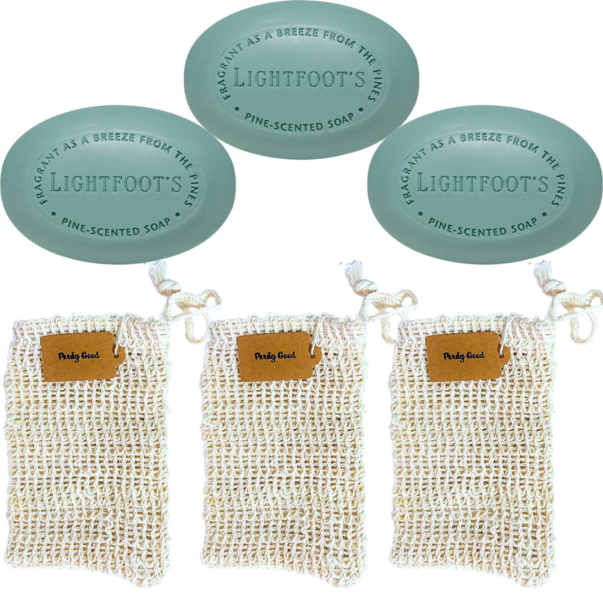 Perdy Good Lightfoot's Pine Soap for Men (3 Bars), 3 Plastic Free Exfoliating Sisal Saver Bags
