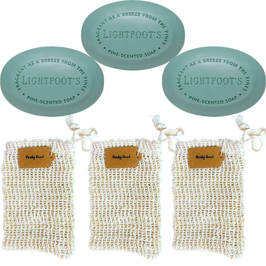 Perdy Good Lightfoot's Pine Soap for Men (3 Bars), 3 Plastic Free Exfoliating Sisal Saver Bags