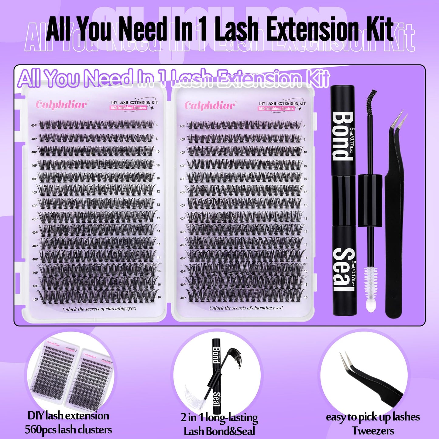 DIY Lash Extension Kit 560pcs D Curl Lash Clusters 40D Eyelash Extension Kit 8-16mm Individual Lashes Wispy Eyelash Clusters with Lash Bond and Seal and Lash Tweezers by Calphdiar