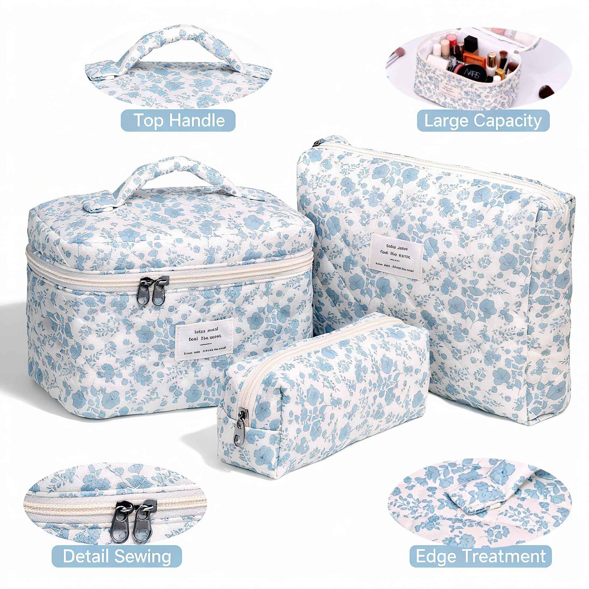 PGAXM 3PCS Makeup Bag,Quilted Cosmetic Bag,Large Floral Makeup Bag for Women,Cute Cotton Cosmetic Bag Set,Travel Toiletry Bag For Women