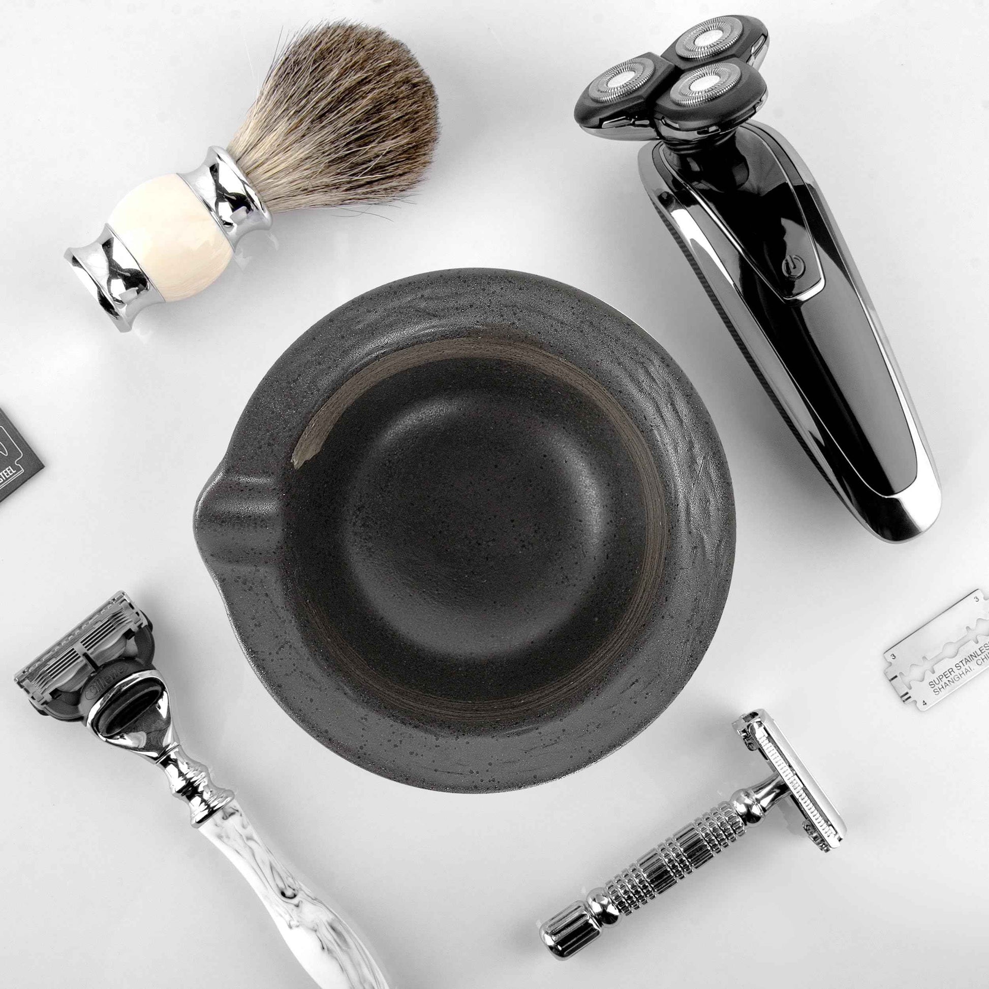 Linkidea Inside Rough Ceramic Texture Shaving Bowl, Shaving Soap Lather Cup for Men, Beard Wet Razor Shave Cream Bowl (Black)