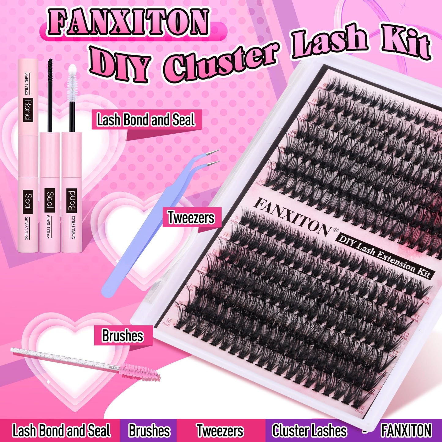 FANXITON DIY Lash Extension Kit Volume Lash Clusters 40D+50D D Curl Individual Lashes Lash Clusters Kit Thick Eyelash Extension Kit 280pcs Thin Band Cluster Lashes Lash Bond and Seal and Lash Tweezers