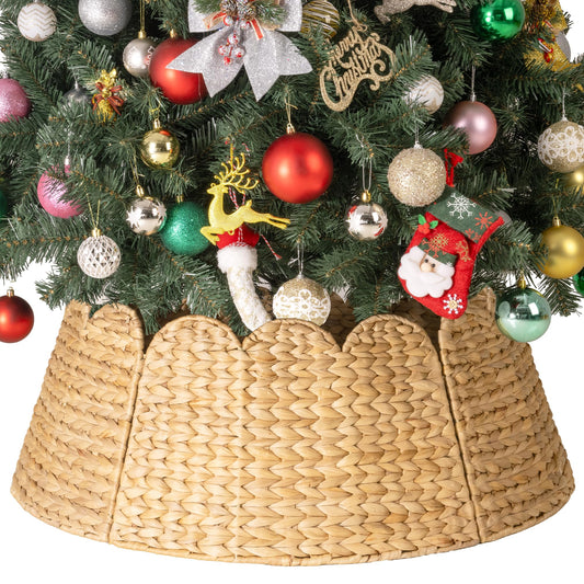 StorageWorks 28" Scalloped Christmas Tree Collar, Wicker Christmas Tree Base Skirt with Water Hyacinth, Rustic Tree Ring Stand Cover for Christmas Home Party Farmhouse Artificial Trees Décor