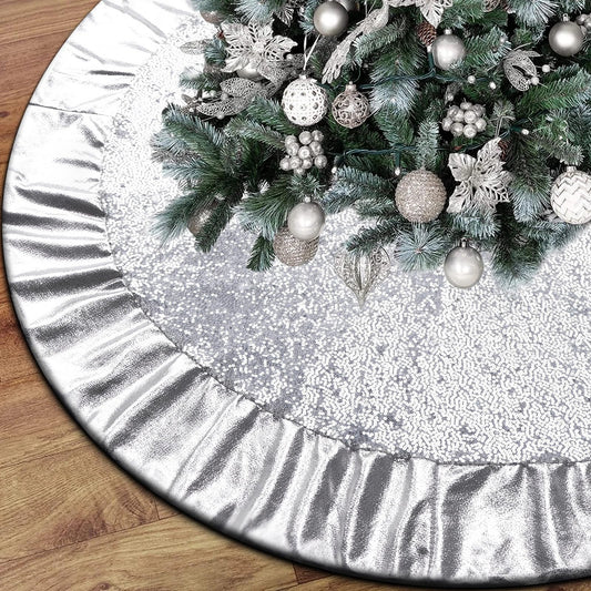 Ivarunner Silver Tree Skirt, Large Christmas Tree Skirt 48 Inch with Glitter Satin Trim - Silver Sequin Tree Skirt - Xmas Bling Tree Mat Double Layers for Silver Christmas Ornaments and Decorations