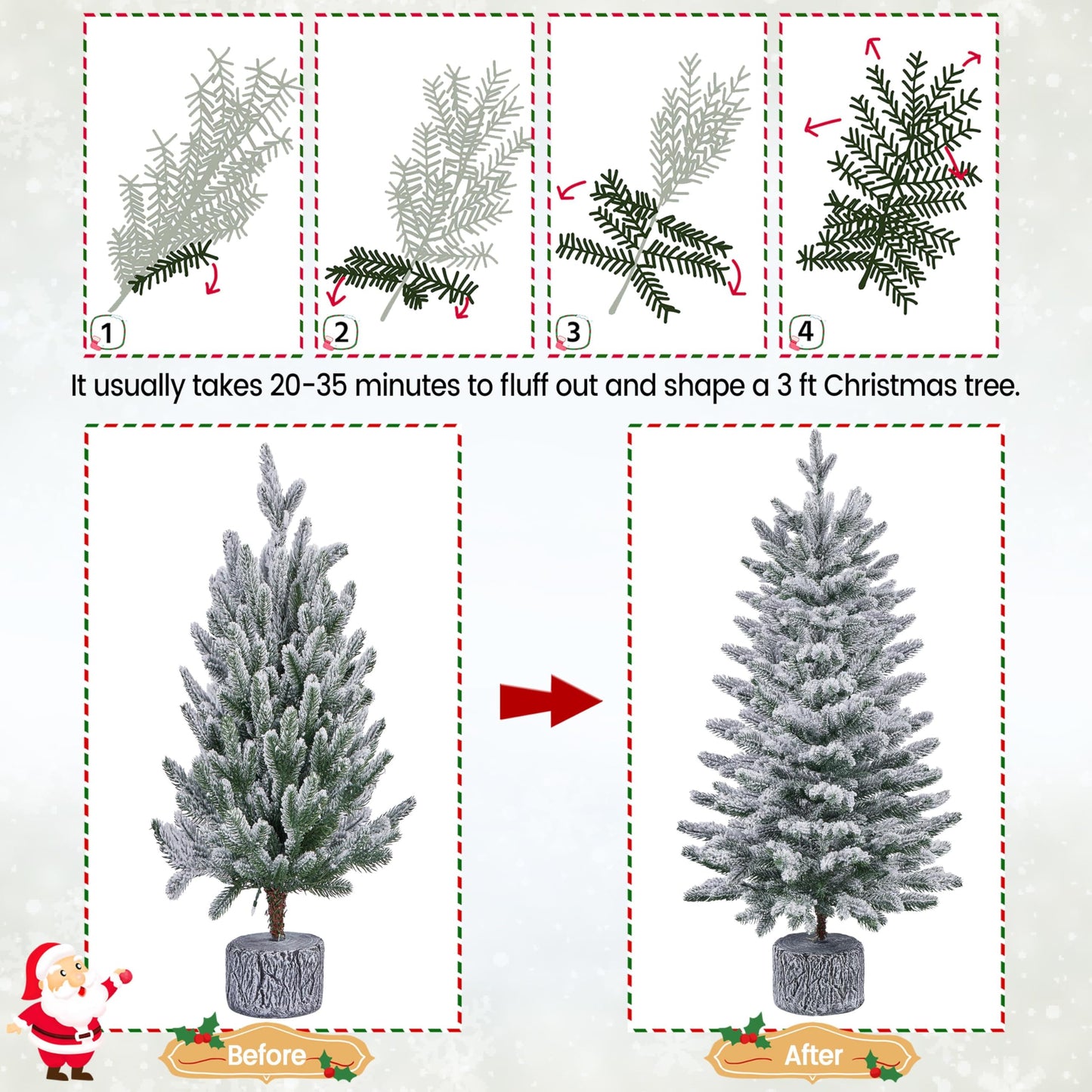 Yaheetech 3FT Pre-lit Potted Flocked Christmas Tree, Snow Frosted Mini Tabletop Artificial Christmas Tree with 50 Warm White LED Lights and 355 PE Branch Tips for Holiday Decoration