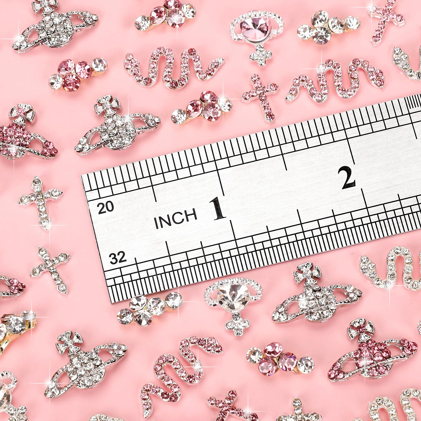 COOSLIM 30 Pcs Nail Charms Pink Y2k Chrome Nail Art Rhinestone Charms 3D Cross Snake Saturn Shape with Rhinestones Planet Nail Gems Shiny Jewelry Nail Decorations Accessories Supplies D