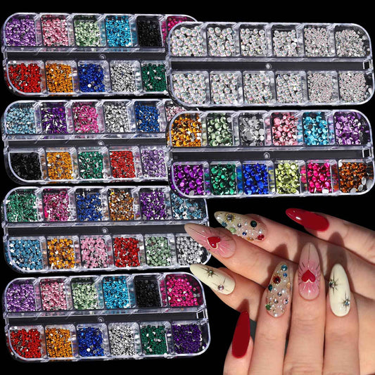 ROFIBUT 6 Boxes Colorful Crystal Rhinestones Nail Gems Multi Shape Flat Back Charms 2mm 3mm Assorted Color Rhinestones 3D Mini Mixed Color Crystal Nail Jewelry for Crafts DIY Nail Art Eye Makeup Gems