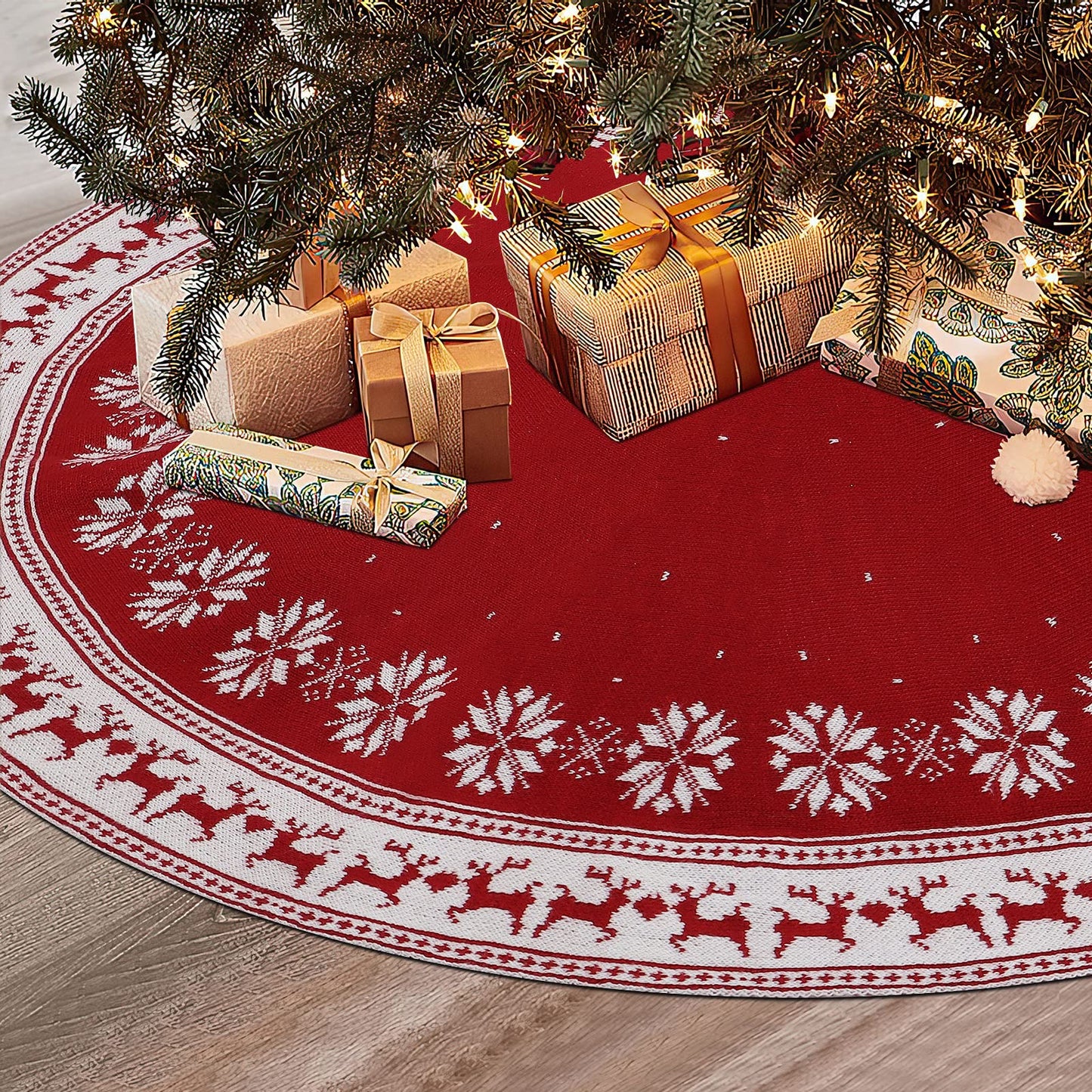 Dremisland Christmas Tree Skirt Rustic Christmas Tree Mat with Snowflake Reindeer Red Knitted Xmas Tree Skirts Thick Knitted Xmas Holiday Decoration New Year Home Party Decorations (Red, 36inch/90cm)