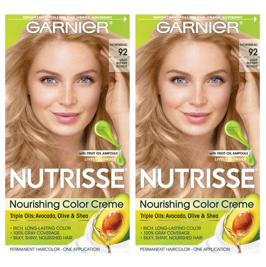 Garnier Hair Color Nutrisse Nourishing Creme, 92 Light Buttery Blonde (Shortbread) Permanent Hair Dye, 2 Count (Packaging May Vary)