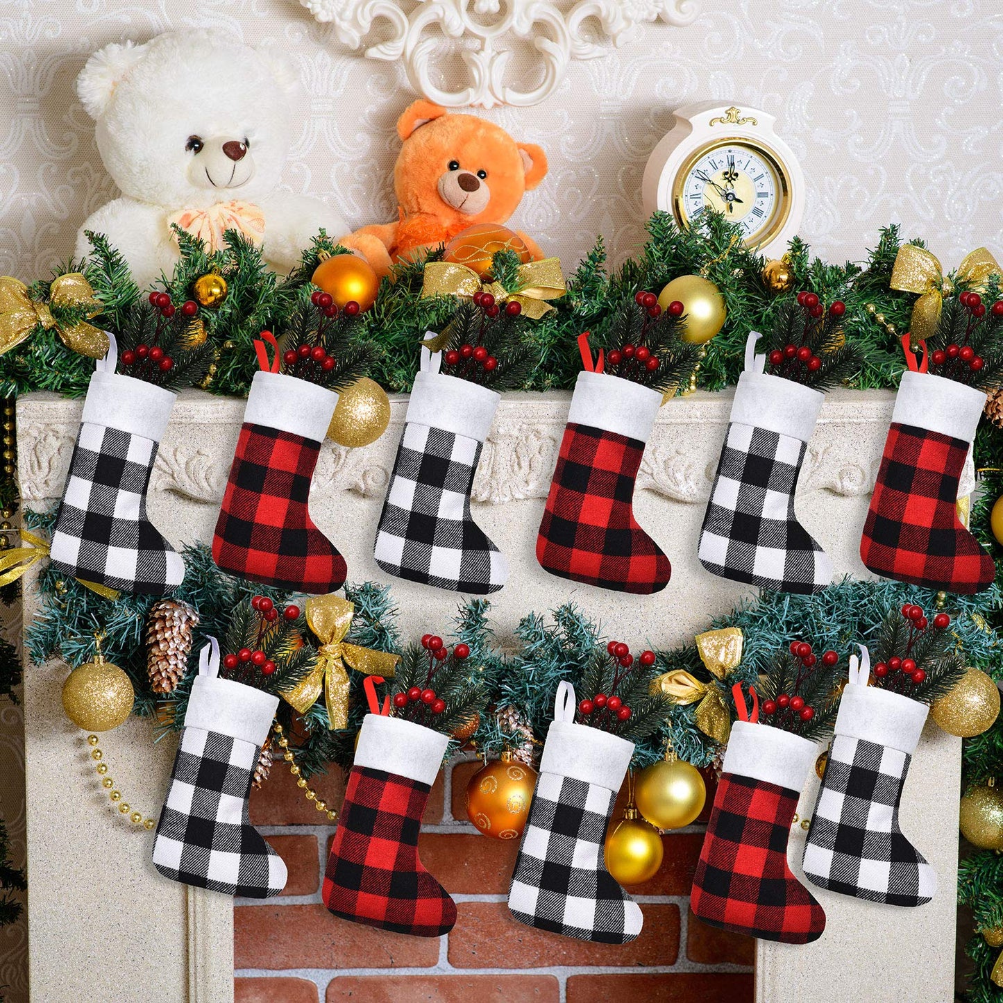 Skylety 24 Pcs Christmas Stockings in Bulk Plush Cuff Small Xmas Buffalo Plaid Stocking Rustic Fireplace Socks Traditional Stockings for Christmas Holiday Party Decor (Red Black, Black White,Plaid)