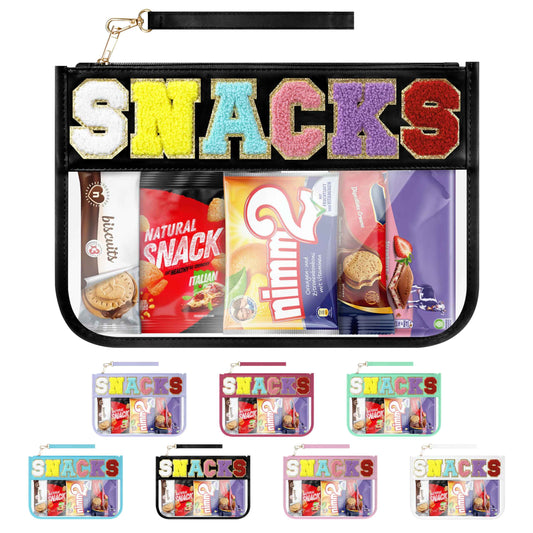 WOPIPAL Snack Bag for Travel & Makeup - Clear Chenille Letter Zipper Pouch, Waterproof Cosmetic Tote Bag for Women & Girls (Black)