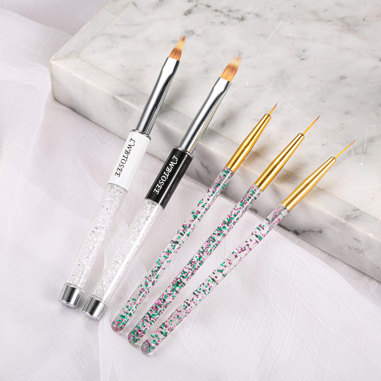 LWBTOSEE 5PCS Nail Ombre Brush Nail Art Painting Pen Brush UV Gel Polish Gradient Color Rhinestone Crystal Acrylic Liner Brush Painting Pen Gel Polish Crystal Nail Art Manicure Tools (Gold)