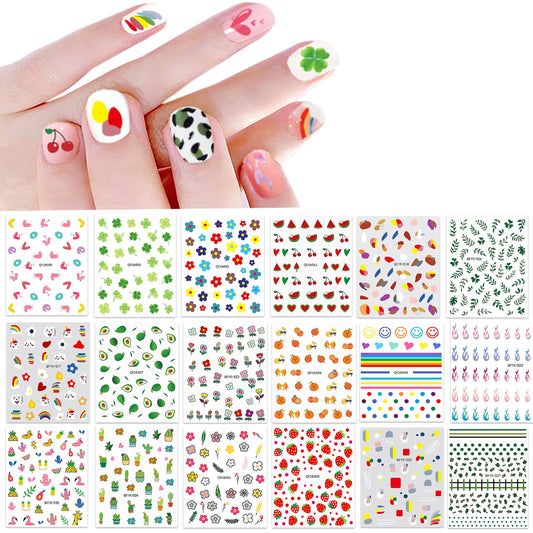 18 Sheets Nail Stickers for Women and Little Girls Nail Art Decoration - Self-Adhesive DIY Nail Decals Set Including Hearts Fruits Flowers Leaves Animals Rainbow Nail Art Stickers for Woman Kids