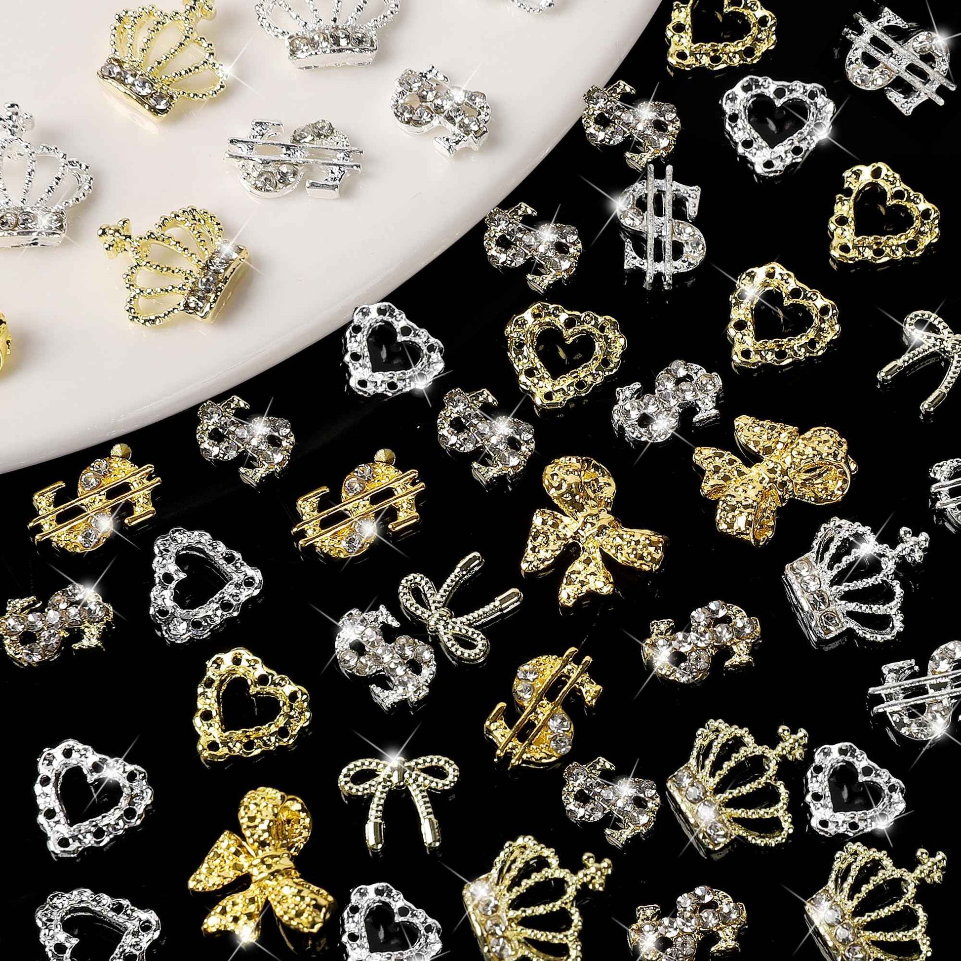 COOSLIM 20 Pcs 3D Metal Alloy Nail Charms Gems, Gold Silver Bowknots Heart Nail Gems,Dollar Crown Rhinestones for Nails, Luxury Nail Jewels Nail Art Supplies for Women DIY Nail Manicure Decor 3