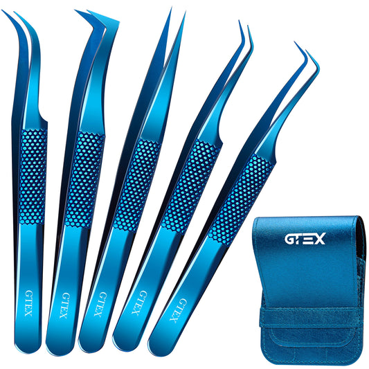 GTEX Lash Tweezers For Eyelash Extensions Tweezers, Circle Grip - Japanese Steel - Professional Eyelash Tweezers For Extensions, 5 Pack - BLUE