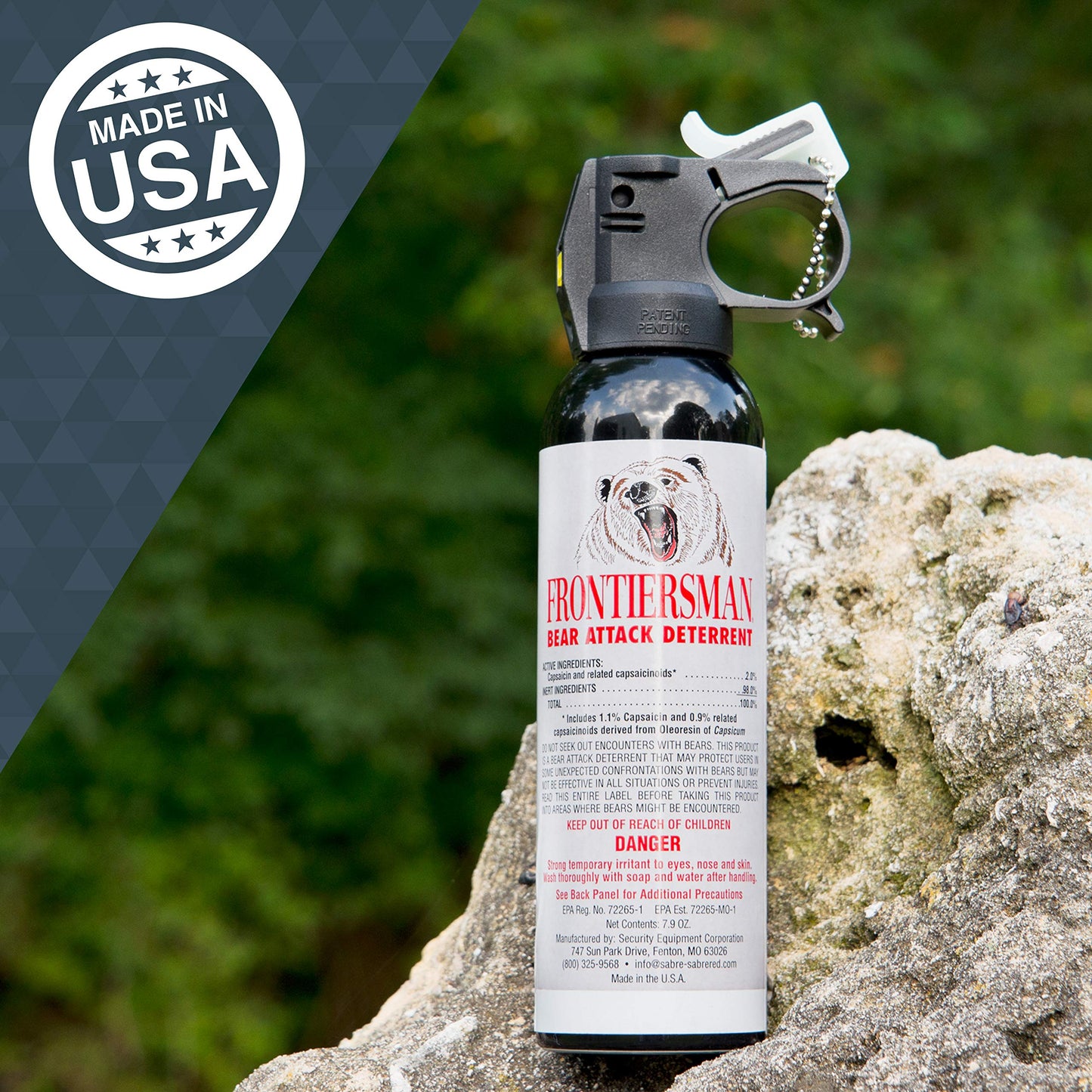 SABRE Frontiersman 7.9 fl oz. Bear Spray, Maximum Strength 2.0% Major Capsaicinoids, Powerful 30 ft. Range Bear Deterrent, Outdoor Camping & Hiking Protection, Quick Draw Holster & Multipack Options