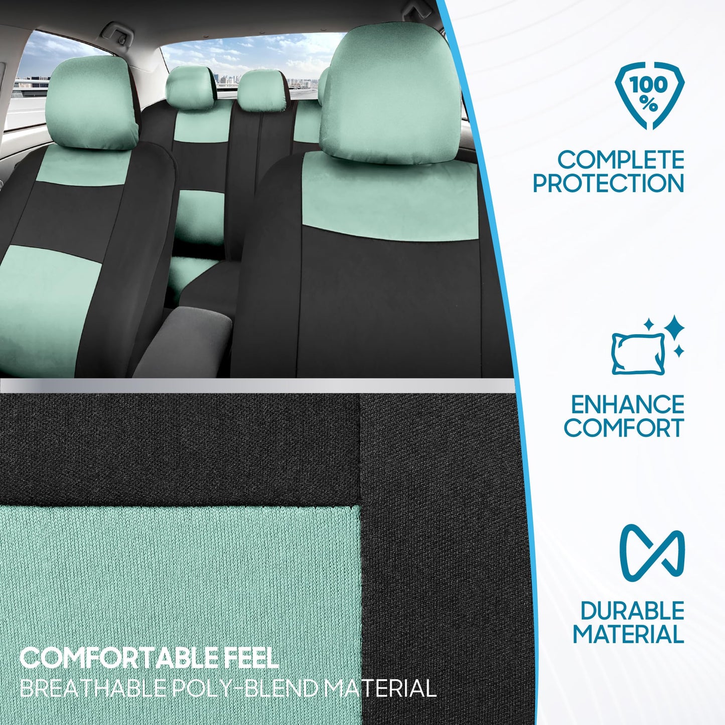 BDK PolyPro Car Seat Covers Full Set in Mint on Black – Front and Rear Split Bench Seat Covers Accessories for Auto Trucks Van SUV,Easy to Install