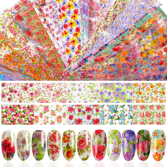 DANNEASY 150 Sheets Nail Foil Flower Nail Stickers Nail Transfer Foil Stickers Starry Sky Laser Flower Nail Design Nail Art Foil for Larger, Longer Acrylic Nails