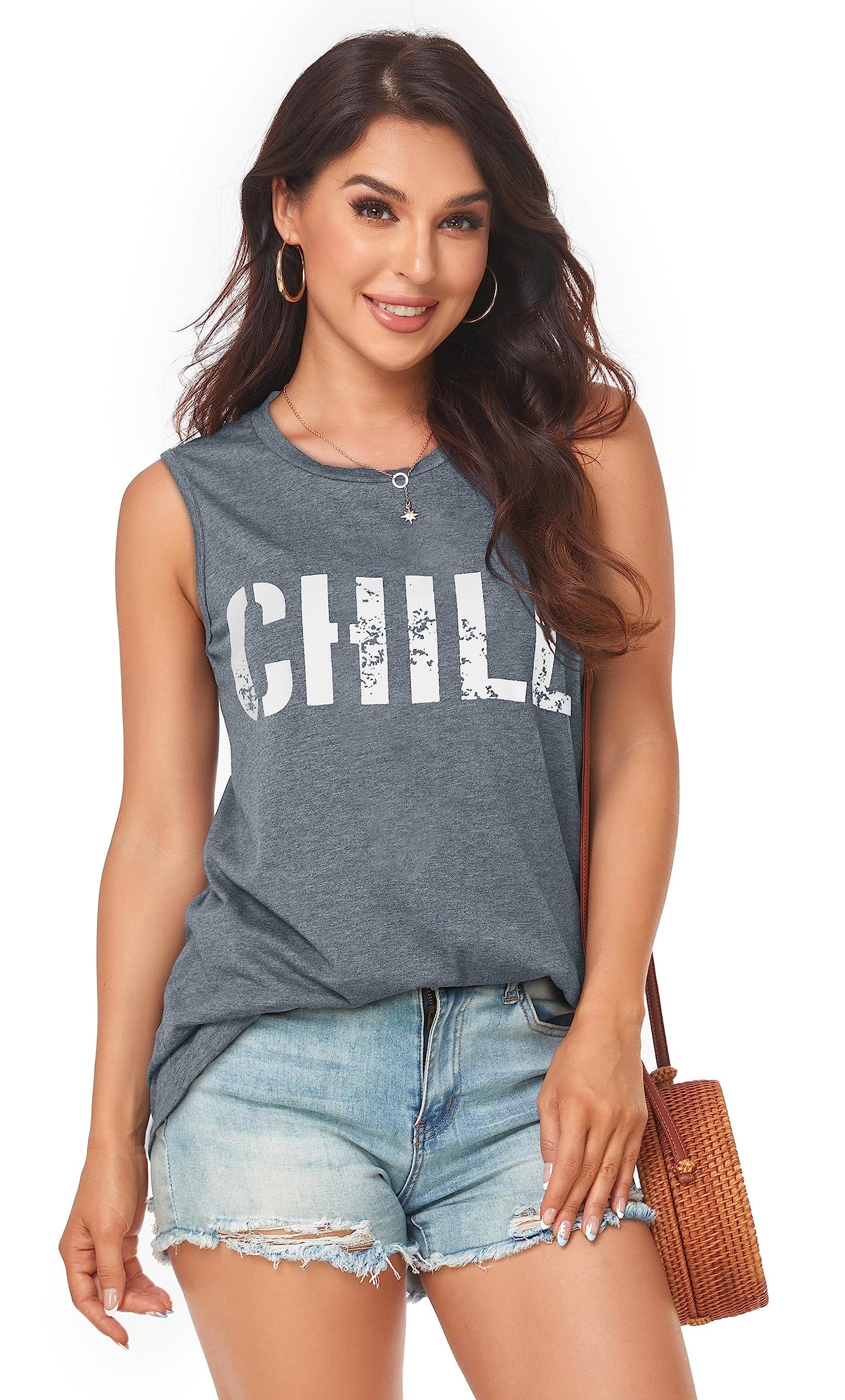 Womens Summer Tops Sleeveless Casual Loose Fit Graphic Blouses(Grey Letters, S)