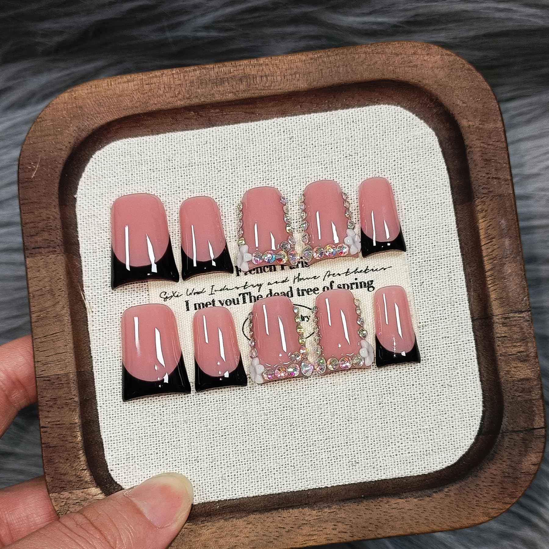 TENPAL Handmade Duck Nails Press on,Pink & Black French Tip Duckbill Tips with Rhinestone Edge,10PCS Glossy Glue on Nails Kit,Glitter Acrylic False Nails with Design,Y2K Punk Fake Nail for Women(M)