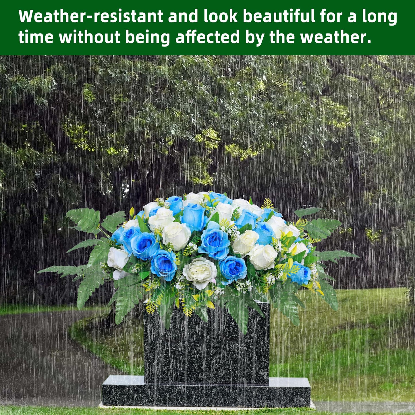 Lodou Artificial Cemetery Flower Saddles, Rose Headstone Flower Saddle Outdoor Grave Decorations,Cemetery Memorial Flowers with Vase for Grave Tombstone Decorations (Blue with White, Saddle)