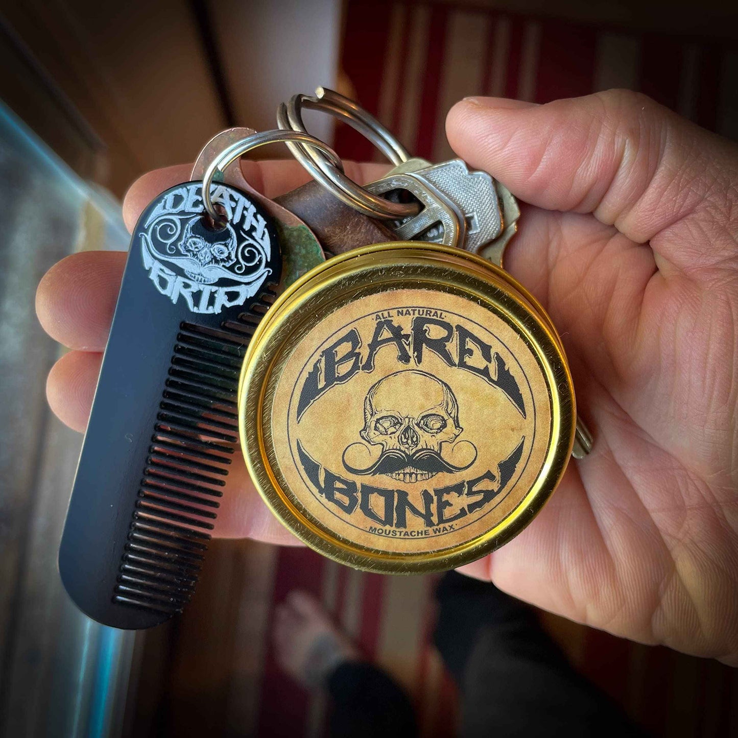 The Vintage Beard Company Bare Bones Medium Hold Mustache Wax and Death Grip Mustache Keychain Comb Set