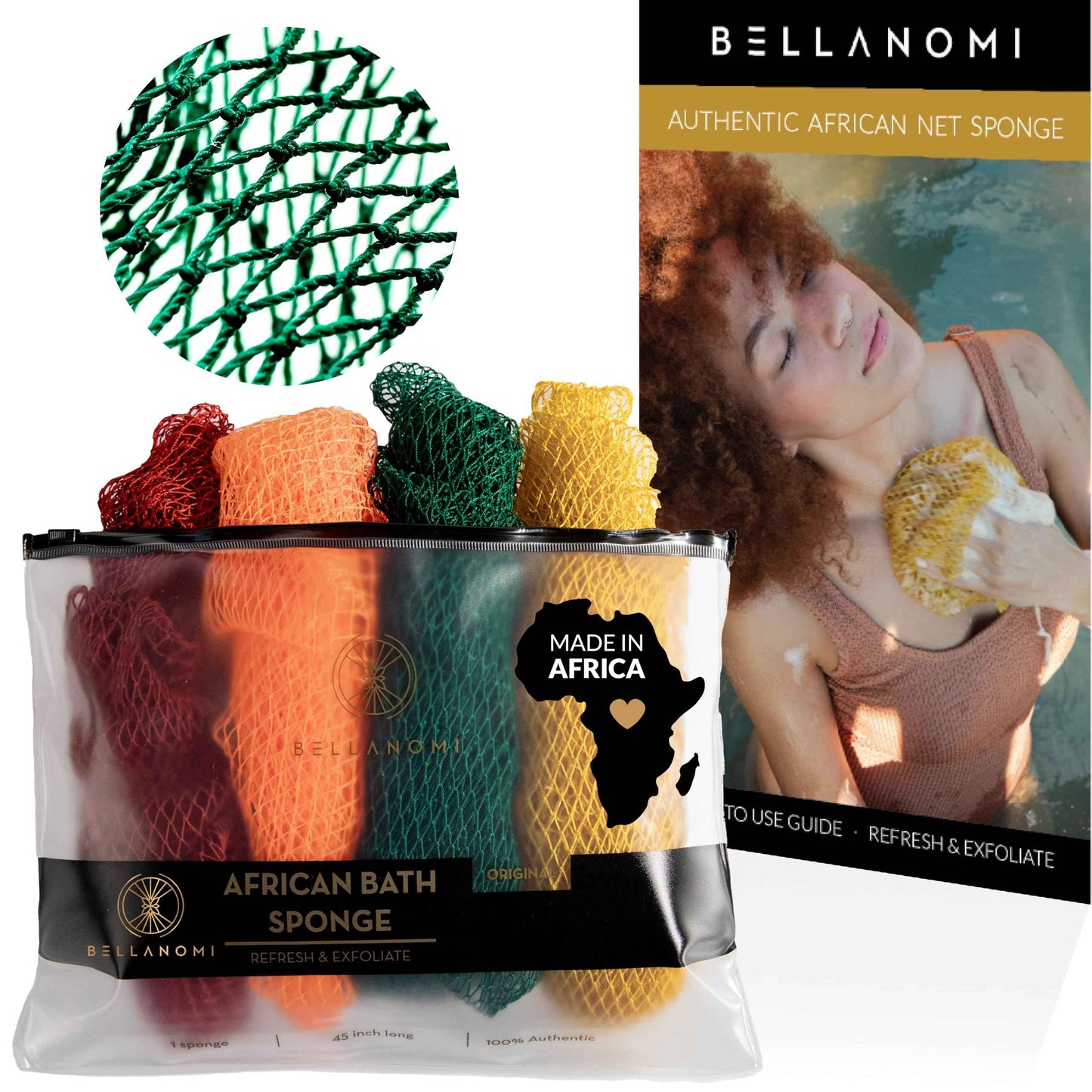 BELLANOMI 4 Piece African Exfoliating Net Sponge Long African Bath Sponge, Authentic Ethically Sourced from Nigeria, Great for Daily Use (Copper Brown, Orange, Green, Yellow)