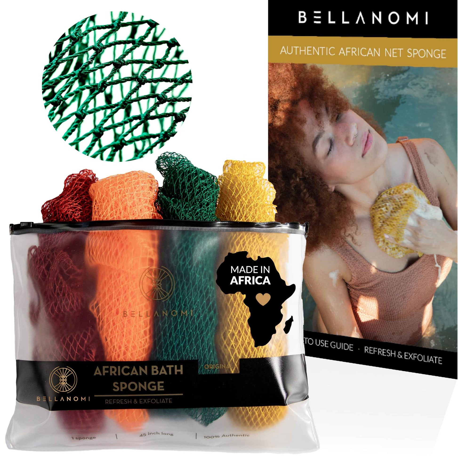BELLANOMI 4 Piece African Exfoliating Net Sponge Long African Bath Sponge, Authentic Ethically Sourced from Nigeria, Great for Daily Use (Copper Brown, Orange, Green, Yellow)