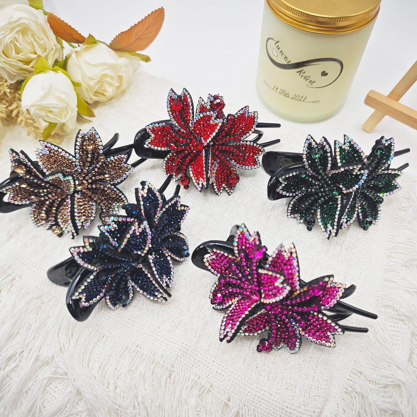 5Pcs Shiny Crystal Hair Clips,Double Flower Hair Clip,Cute Flower Duckbill Hair Clip for Thick Hair,Fancy Rhinestones Hair Accessories,Decorative Hair Clips for Women（Red Blue Green Gold Purple）