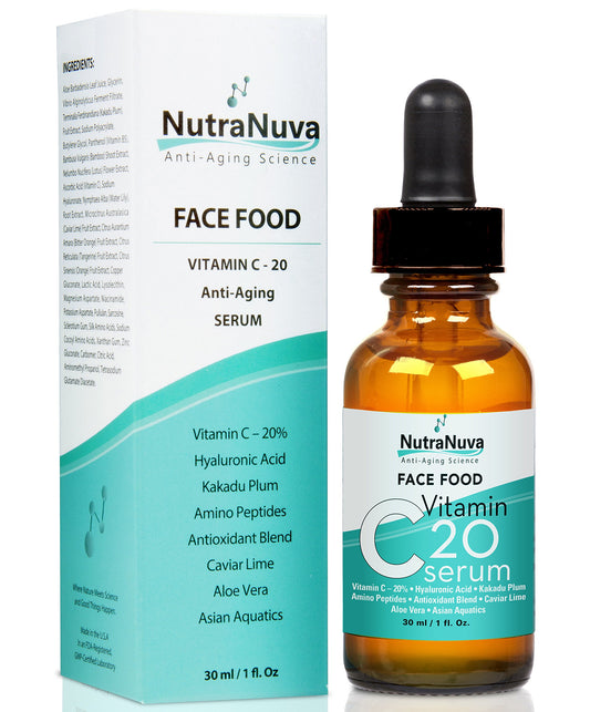 NutraNuva Face Food Anti Aging Natural 20% Vitamin C Serum Complex VEGAN Formula, Kakadu Plum, Hyaluronic Acid, Peptides, Aquatic Plants, Aloe and more for Wrinkles, Age Spots, Collagen,1 fl. Oz