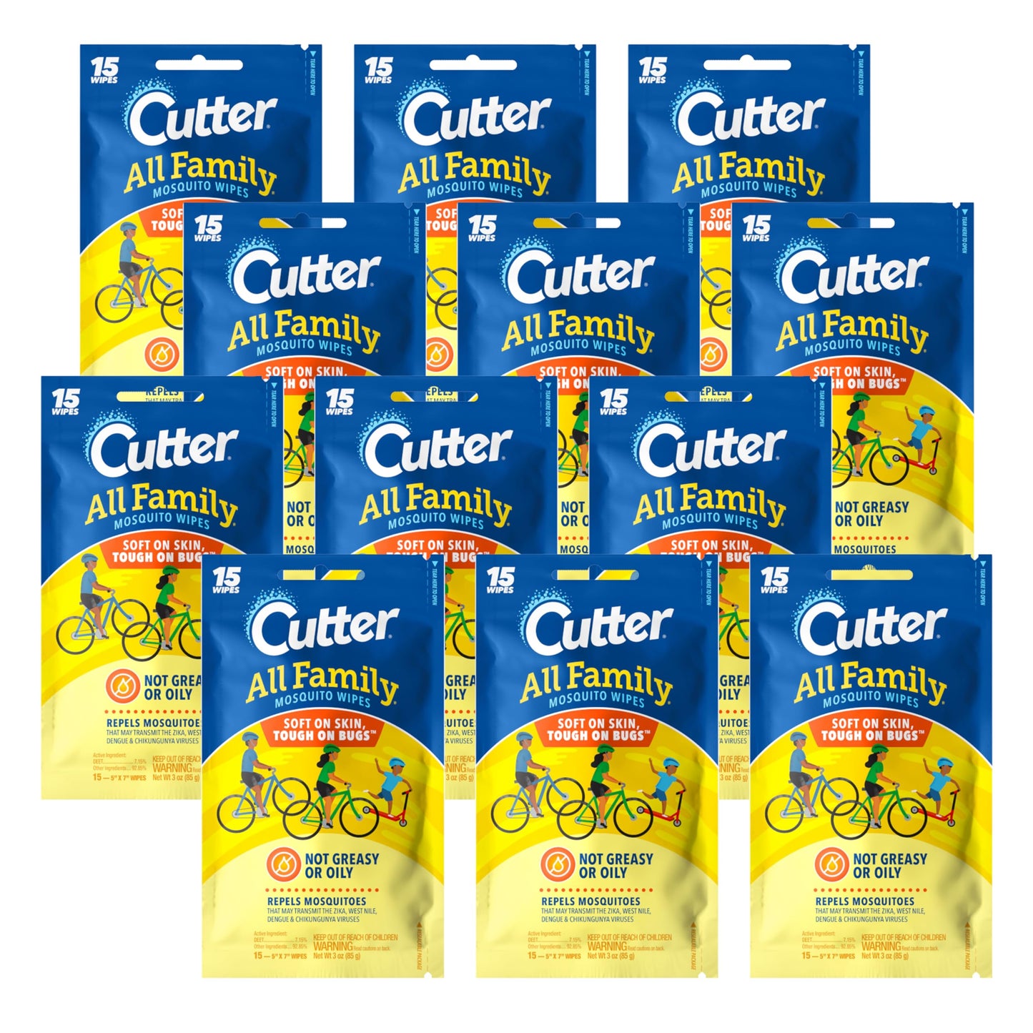 Cutter All Family Mosquito Wipes, 15-Count, 12-Pack, Plain