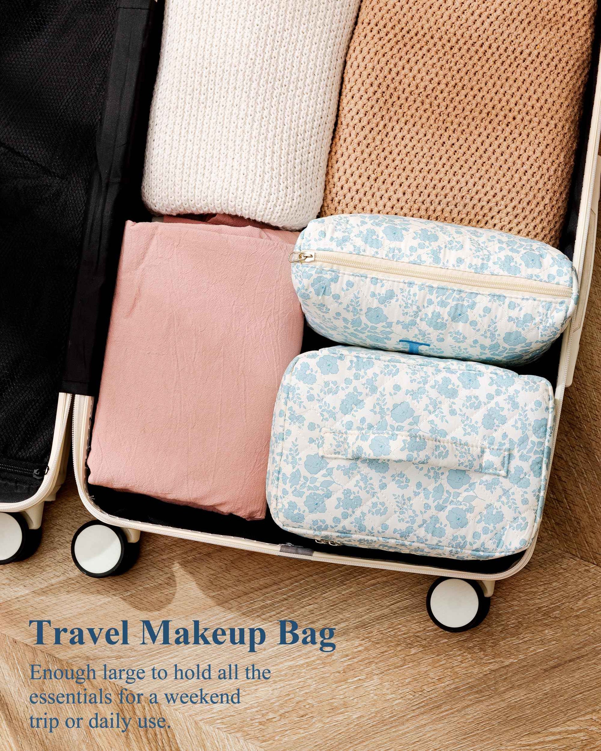 HBselect 2Pcs Initial Quilted Cotton Large Travel Cute Floral Coquette Makeup Cosmetic Toiletry Bag for Women Girls