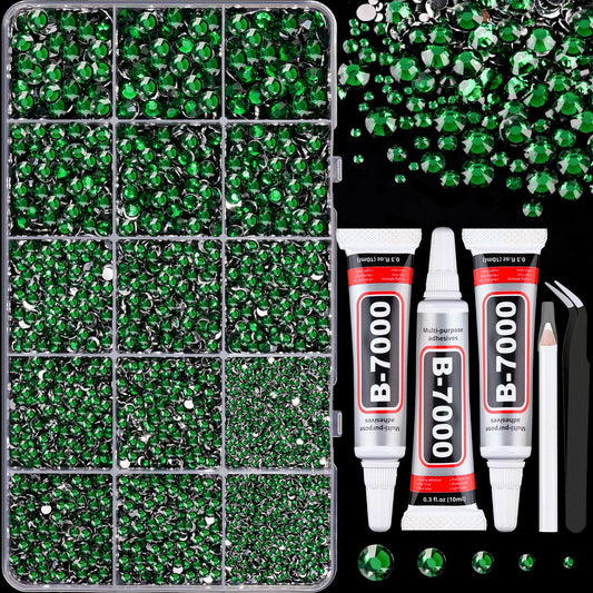 16000Pcs Resin Rhinestones for Crafting, Emerald Green Non Hotfix Flatback Gems, Bedazzling Crystal with 3Pcs 10ml B7000 Jewelry Glue for DIY Crafts Clothing Tumblers Shoes Fabric Nail Art