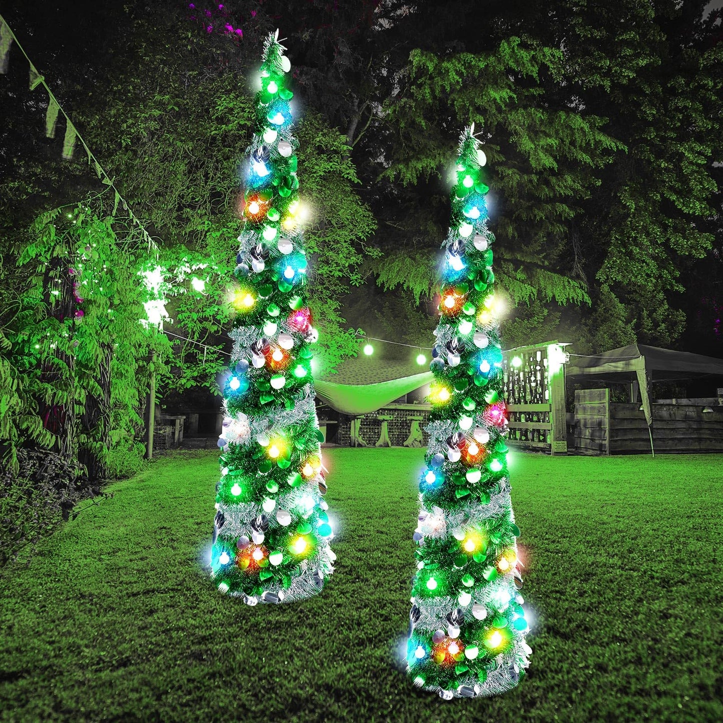 Sosation 2 Pcs 5 ft Pop up Christmas Tree Light Green Tinsel Skinny Pencil Tree with String LED Artificial Sequin Slim Collapsible Coastal Tree for Holiday Xmas Fireplace Indoor Outdoor Decorations