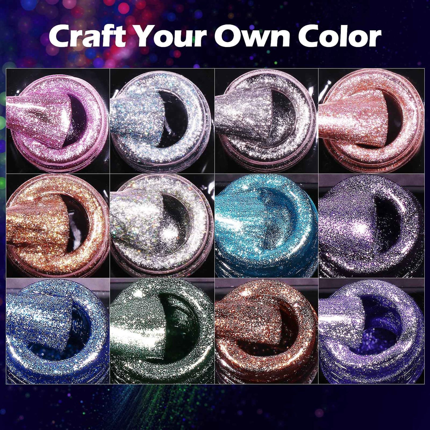 Clara Colors Cat Eye Gel Nail Polish Set - 12 Holographic Glitter Colors With Magnet, Romantic Galaxy Series, Long Lasting Soak Off UV LED