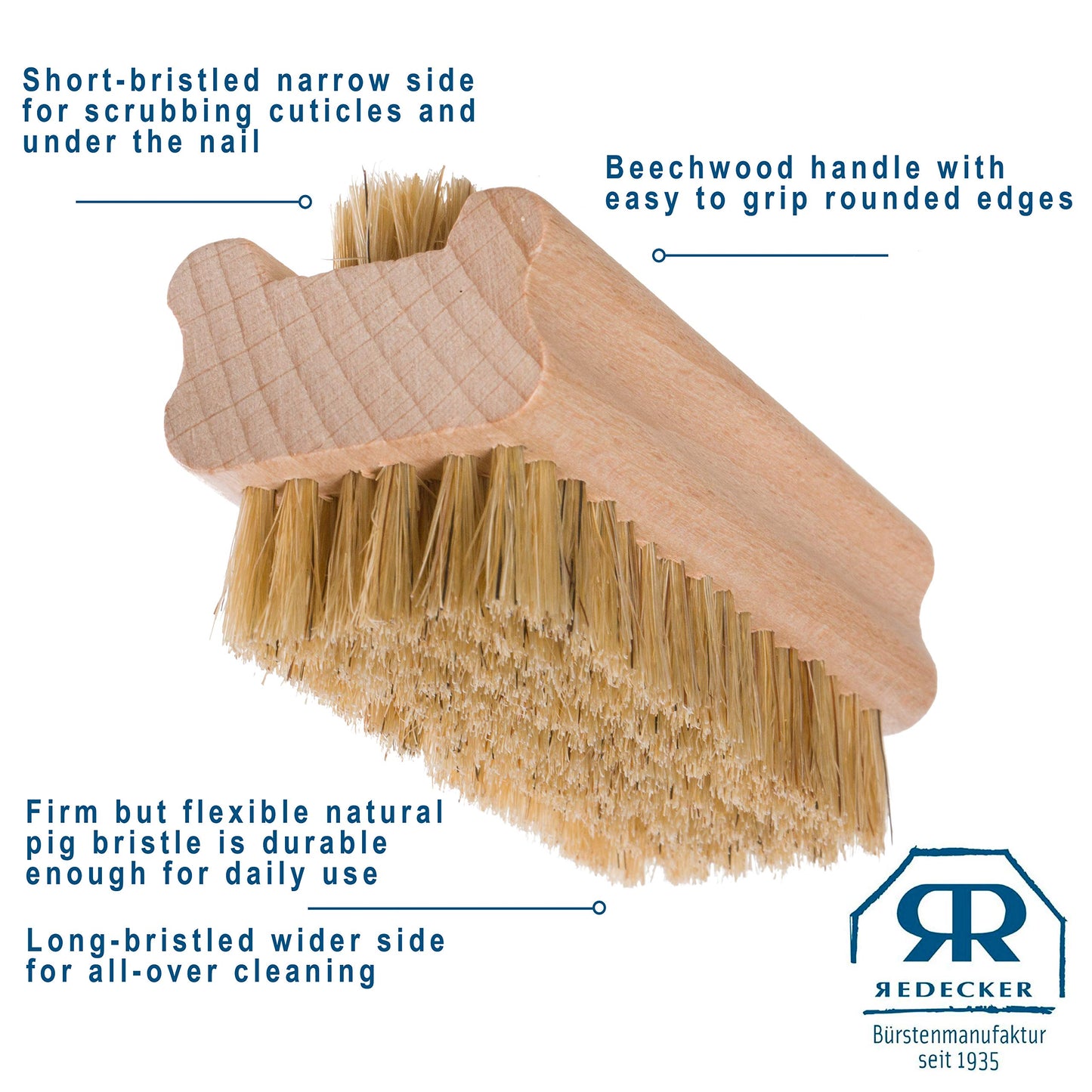 REDECKER Natural Pig Bristle Nail Brush with Untreated Beechwood Handle, 3-3/4-Inches - Pearwood Nail Brush with Natural Pig Bristles - Natural Boar Bristle Nail Brush - Boar Hair Nail Brush