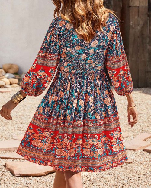 BTFBM Women Casual Spring Summer Dresses V Neck 3/4 Long Sleeve Ruffle Floral Flowy Boho Babydoll Mini Beach Dress(Floral Blue, Small)