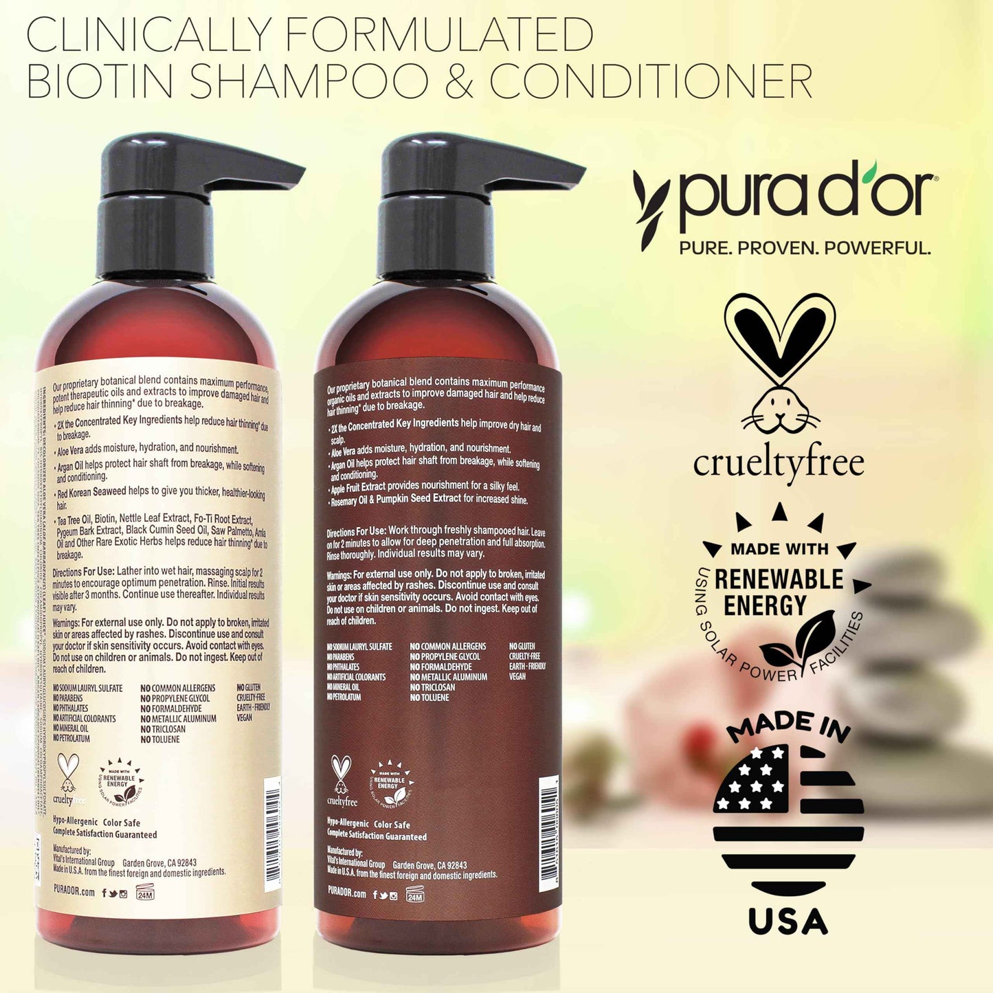 PURA D'OR Clinically Formulated Biotin Shampoo & Conditioner For Hair Thinning - 2X Concentrated Proprietary Herbal Blend Thickening Products For Women & Men, Sulfate Free, 16oz x2