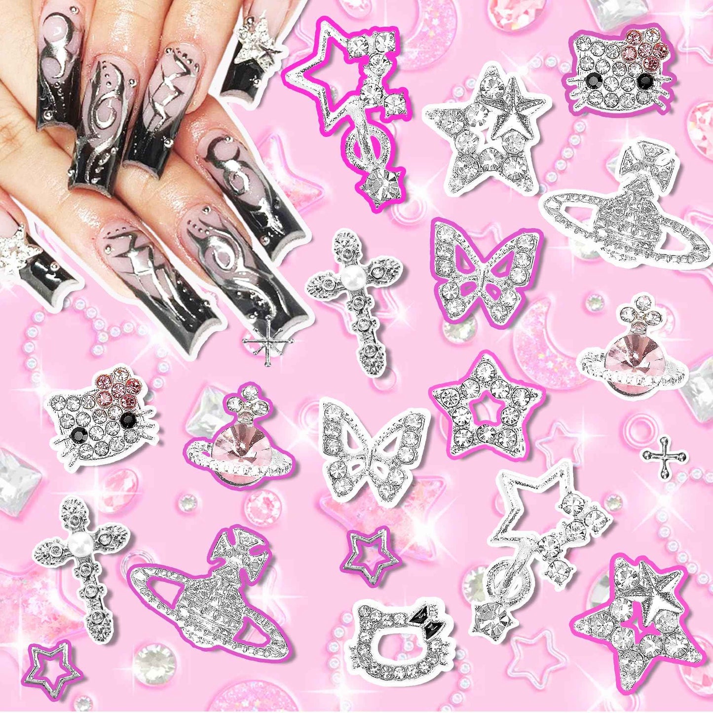 Nail Charms and Gems,KYLELOVE 48 PCS Y2K Kawaii Nail Charm 3D Silver Butterfly Star Nail Charms Rhinestone Charms for Nails Art Craft DIY Decoration