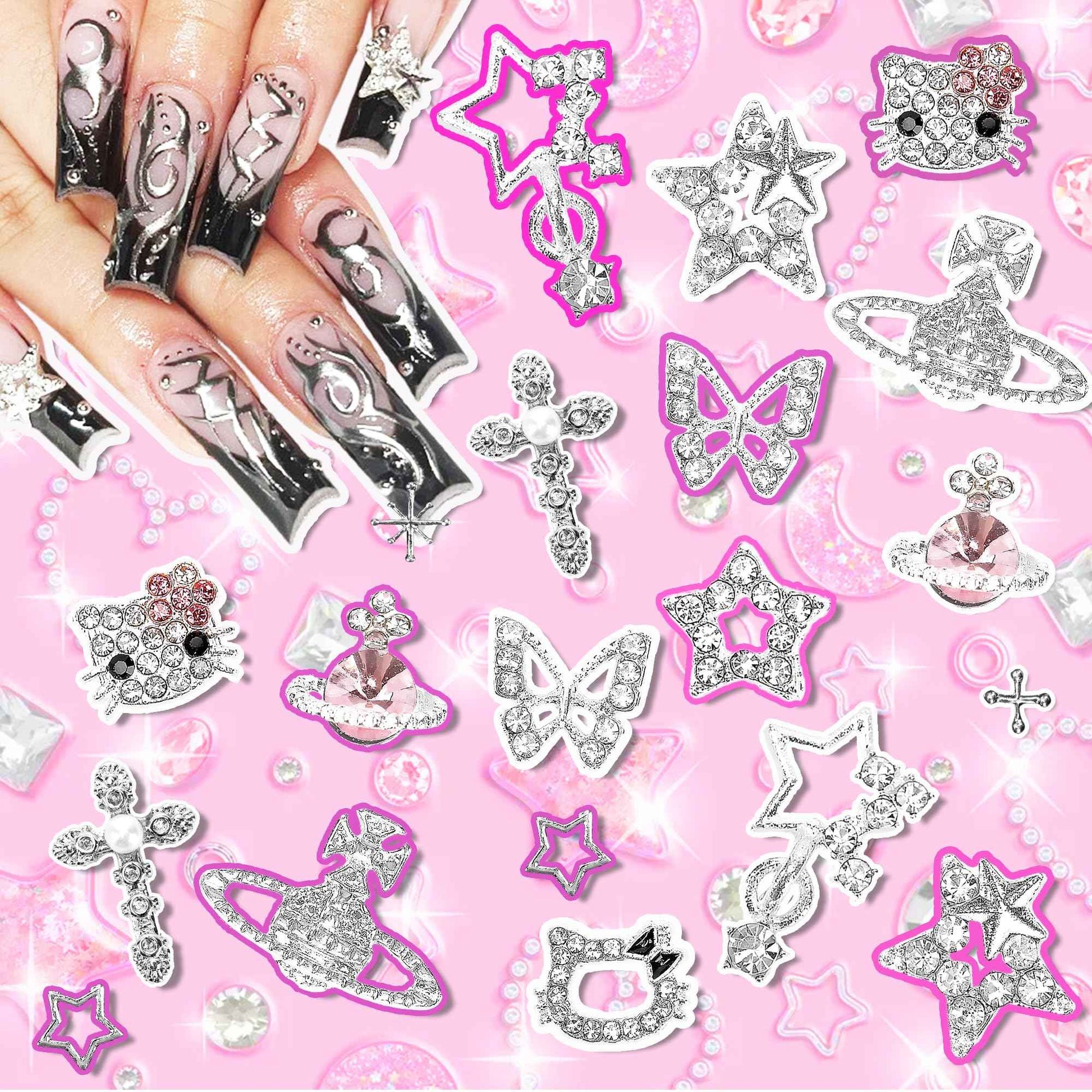 Nail Charms and Gems,KYLELOVE 48 PCS Y2K Kawaii Nail Charm 3D Silver Butterfly Star Nail Charms Rhinestone Charms for Nails Art Craft DIY Decoration