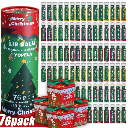 Yopela 76 Pack Christmas Natural Lip Balm Bulk with Vitamin E and Coconut Oil Lip Care Set - Moisturizing, Soothing, and Repairing Dry and Chapped Lips - 19 Flavors - Non-GMO